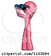 Pink Design Mascot Man Looking Through Binoculars To The Left