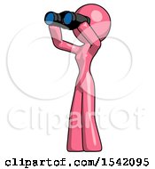 Pink Design Mascot Woman Looking Through Binoculars To The Left