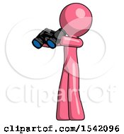 Pink Design Mascot Man Holding Binoculars Ready To Look Left