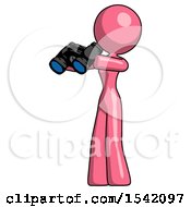 Pink Design Mascot Woman Holding Binoculars Ready To Look Left