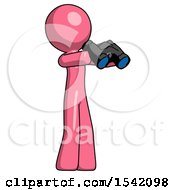 Pink Design Mascot Man Holding Binoculars Ready To Look Right