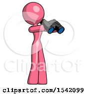 Pink Design Mascot Woman Holding Binoculars Ready To Look Right
