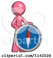 Poster, Art Print Of Pink Design Mascot Man Standing Beside Large Compass