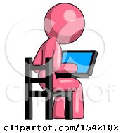 Poster, Art Print Of Pink Design Mascot Woman Using Laptop Computer While Sitting In Chair View From Back