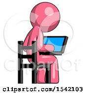 Pink Design Mascot Man Using Laptop Computer While Sitting In Chair View From Back