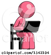 Poster, Art Print Of Pink Design Mascot Woman Using Laptop Computer While Sitting In Chair Angled Right