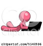 Poster, Art Print Of Pink Design Mascot Man Using Laptop Computer While Lying On Floor Side Angled View
