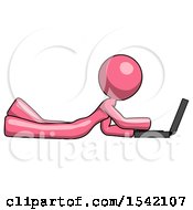 Poster, Art Print Of Pink Design Mascot Woman Using Laptop Computer While Lying On Floor Side View