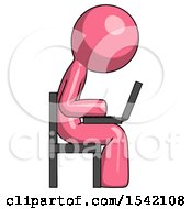 Poster, Art Print Of Pink Design Mascot Man Using Laptop Computer While Sitting In Chair View From Side