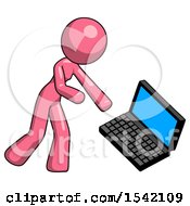 Pink Design Mascot Woman Throwing Laptop Computer In Frustration