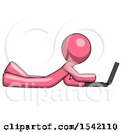 Poster, Art Print Of Pink Design Mascot Man Using Laptop Computer While Lying On Floor Side View