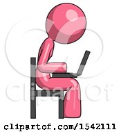 Poster, Art Print Of Pink Design Mascot Woman Using Laptop Computer While Sitting In Chair View From Side