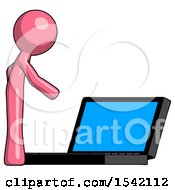 Pink Design Mascot Man Using Large Laptop Computer Side Orthographic View