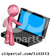 Pink Design Mascot Man Using Large Laptop Computer