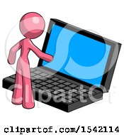 Pink Design Mascot Woman Using Large Laptop Computer