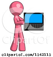 Pink Design Mascot Man Holding Laptop Computer Presenting Something On Screen