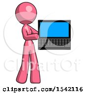 Poster, Art Print Of Pink Design Mascot Woman Holding Laptop Computer Presenting Something On Screen