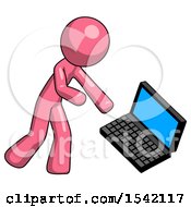 Poster, Art Print Of Pink Design Mascot Man Throwing Laptop Computer In Frustration