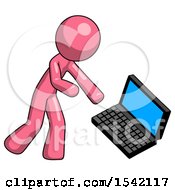 Pink Design Mascot Man Throwing Laptop Computer In Frustration