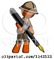 Poster, Art Print Of Orange Explorer Ranger Man Drawing Or Writing With Large Calligraphy Pen