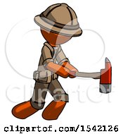 Poster, Art Print Of Orange Explorer Ranger Man With Ax Hitting Striking Or Chopping