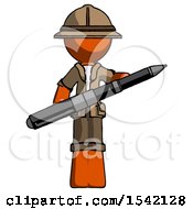 Orange Explorer Ranger Man Posing Confidently With Giant Pen