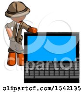 Poster, Art Print Of Orange Explorer Ranger Man Beside Large Laptop Computer Leaning Against It