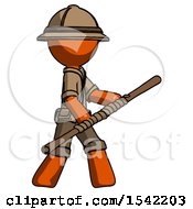 Poster, Art Print Of Orange Explorer Ranger Man Holding Bo Staff In Sideways Defense Pose
