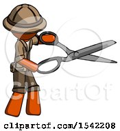 Poster, Art Print Of Orange Explorer Ranger Man Holding Giant Scissors Cutting Out Something