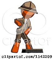 Orange Explorer Ranger Man Cleaning Services Janitor Sweeping Floor With Push Broom