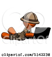 Poster, Art Print Of Orange Explorer Ranger Man Using Laptop Computer While Lying On Floor Side Angled View
