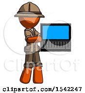 Poster, Art Print Of Orange Explorer Ranger Man Holding Laptop Computer Presenting Something On Screen