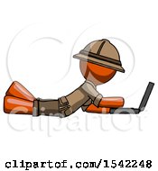 Poster, Art Print Of Orange Explorer Ranger Man Using Laptop Computer While Lying On Floor Side View