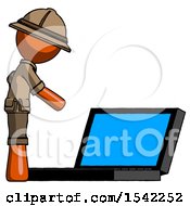 Poster, Art Print Of Orange Explorer Ranger Man Using Large Laptop Computer Side Orthographic View