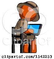 Poster, Art Print Of Orange Explorer Ranger Man Using Laptop Computer While Sitting In Chair View From Back
