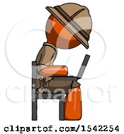 Poster, Art Print Of Orange Explorer Ranger Man Using Laptop Computer While Sitting In Chair View From Side