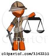 Poster, Art Print Of Orange Explorer Ranger Man Justice Concept With Scales And Sword Justicia Derived
