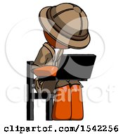 Poster, Art Print Of Orange Explorer Ranger Man Using Laptop Computer While Sitting In Chair Angled Right