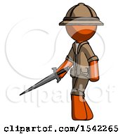 Poster, Art Print Of Orange Explorer Ranger Man With Sword Walking Confidently