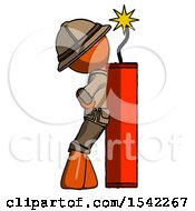 Poster, Art Print Of Orange Explorer Ranger Man Leaning Against Dynimate Large Stick Ready To Blow