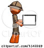 Poster, Art Print Of Orange Explorer Ranger Man Show Tablet Device Computer To Viewer Blank Area