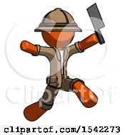 Poster, Art Print Of Orange Explorer Ranger Man Psycho Running With Meat Cleaver