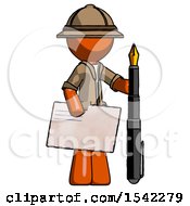 Poster, Art Print Of Orange Explorer Ranger Man Holding Large Envelope And Calligraphy Pen
