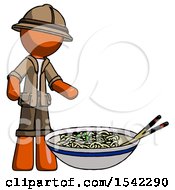 Poster, Art Print Of Orange Explorer Ranger Man And Noodle Bowl Giant Soup Restaraunt Concept