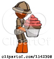 Poster, Art Print Of Orange Explorer Ranger Man Holding Large Cupcake Ready To Eat Or Serve