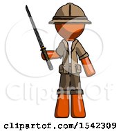Poster, Art Print Of Orange Explorer Ranger Man Standing Up With Ninja Sword Katana