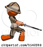 Poster, Art Print Of Orange Explorer Ranger Man With Ninja Sword Katana Slicing Or Striking Something