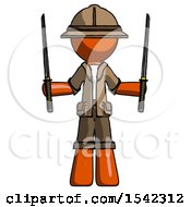 Poster, Art Print Of Orange Explorer Ranger Man Posing With Two Ninja Sword Katanas Up