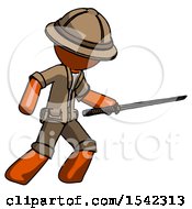 Poster, Art Print Of Orange Explorer Ranger Man Stabbing With Ninja Sword Katana