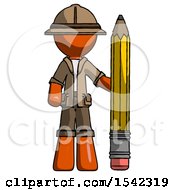 Poster, Art Print Of Orange Explorer Ranger Man With Large Pencil Standing Ready To Write